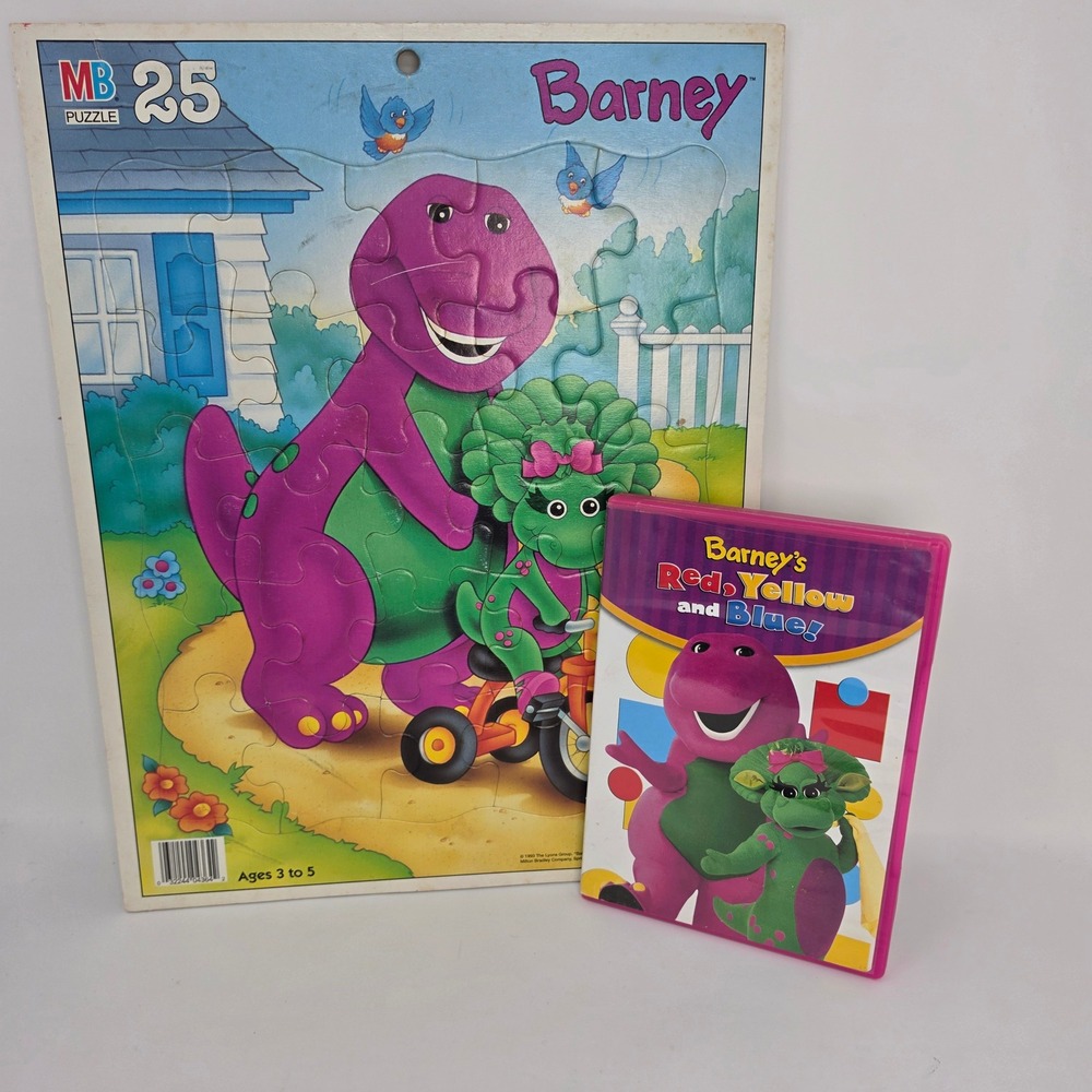 Milton Bradley Barney Puzzle & DVD Set Kids 25pc 1993 Vintage Purple Good